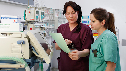 Zwei Pflegekräfte schauen sich den Hygieneplan an. 